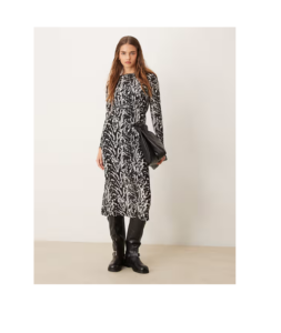 Vila Plisse Boat Neck Midi Dress in Mono Animal Print