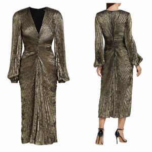 Metallic Pleated V-neck Midi-dress