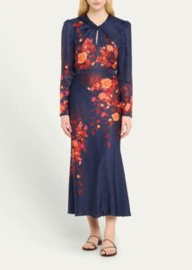 Claudia Floral Silk Long-sleeve Fluted Midi Dress