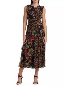 Avrelie Floral Silk Ruffled Midi-dress