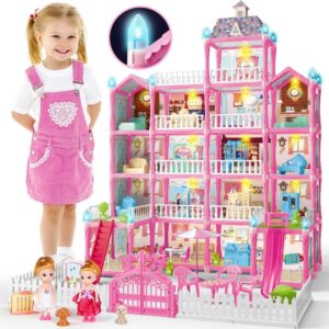 Joystone Doll House for Girls, 5-story 19 Rooms Huge Dollhouse Playset with Led Lights, 2 Dolls, Furnitures, Accessories, Diy Pretend Play House Toys