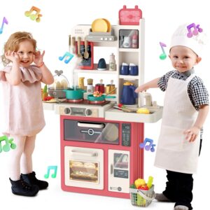 Joystone 63pcs Kids Kitchen Playset,play Kitchen Toy with Realistic Lights & Sounds,pretend Steam, Play Sink & Oven, Menu Board & Other Kitchen Access