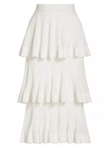 Cotton-blend Rib-knit Tiered Midi-skirt