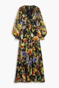 Meera Gathered Floral-print Metallic Fil Coupé Silk-blend Maxi Dress