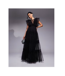 Lace Insert Tulle Maxi Dress in Black