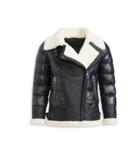 Shearling Trim Leather Down Puffer Jacket