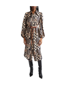 Illustration Geo Print Belted Long Sleeve Silk Shirtdress