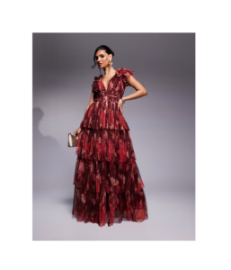 Ruffle Shoulder Tiered Maxi Dress in Deep Red Rose