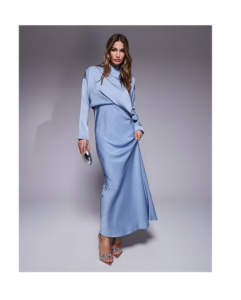 High Neck Bias Cut Satin Maxi Dress with Sleeve Detail in Blue