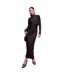 High Neck Long Sleeve Twist Front Maxi Dress in Chocolate