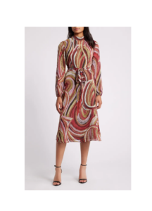 Print Tie Belt Chiffon Midi Dress