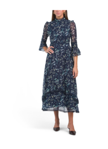 Floral Maxi Dress with Eyelet Trim and Mock Neck