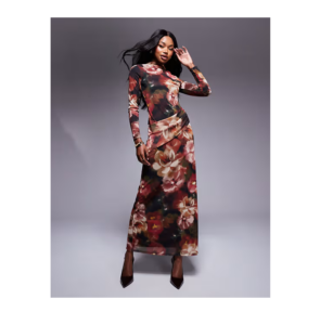 High Neck Long Sleeve Maxi Dress in Floral Black Print