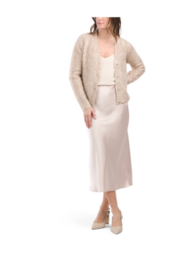 Lurex Rhinestone Button Cardigan and Basic Satin Skirt