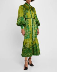 Solaris Silk Twill Belted Lantern-sleeve Maxi Shirtdress