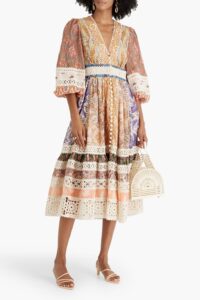 Crochet-trimmed Patchwork Paisley-print Linen Midi Dress