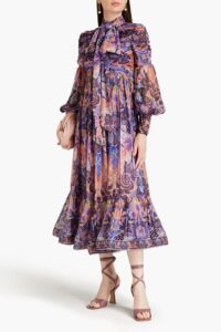 Ruched Pussy-bow Printed Georgette Midi Dress