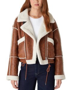 Faux Leather Sherpa Trim Drawstring Jacket