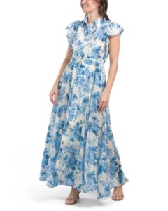 Floral Flutter Sleeve Belted Shirt Maxi Dress