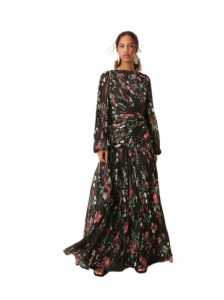 Long Sleeve Shirred Crinkle Maxi Dress with Dropped Waist in Khaki Floral Print