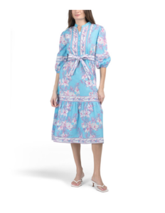 Three-quarter Sleeve Floral Border Print Midi Dress