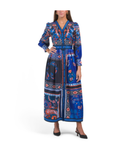 Tile Print Long Sleeve Maxi Dress with Belt