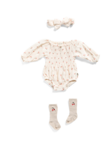 Newborn Girls Cherry Gauze Bubble Set with Socks and Headband 0-9m