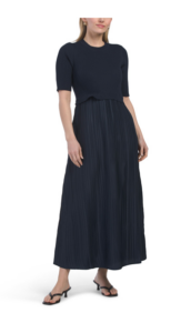 Twofer Knit Dress with Pleated Satin Skirt