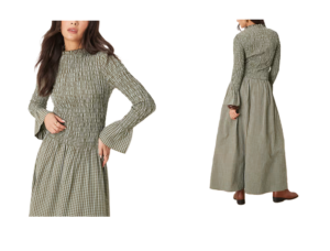 Long Sleeve Shirred Maxi Dress in Green and Blue Check