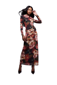 High Neck Long Sleeve Maxi Dress in Floral Black Print