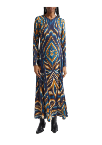 Ikat Print Long Sleeve Satin Maxi Dress