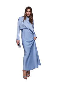 High Neck Bias Cut Satin Maxi Dress with Sleeve Detail in Blue