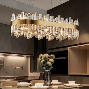 Siljoy Modern Crystal Chandelier Luxury Rectangular Brass Gold Raindrop Chandelier 16 Lights