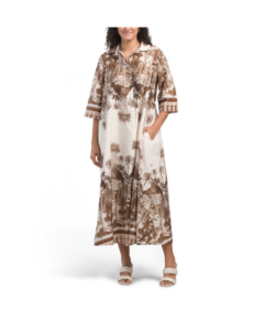 Three-quarter Sleeve Safari Print Shirt Maxi Dress