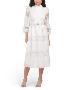 Long Sleeve Lace Maxi Dress with Pearl Beltp