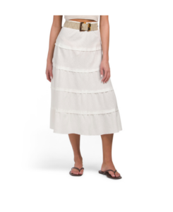 Linen Blend Tiered Skirt with Stretch Belt