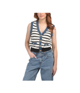 Pointelle Vest with Denim Trim